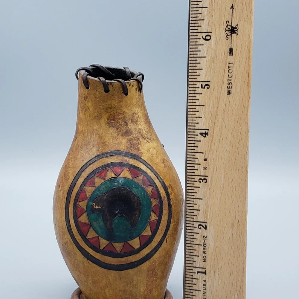 Hand Painted Southwestern Gourd‎ Vase Art Decor Zuni Bear Motif Folk Art